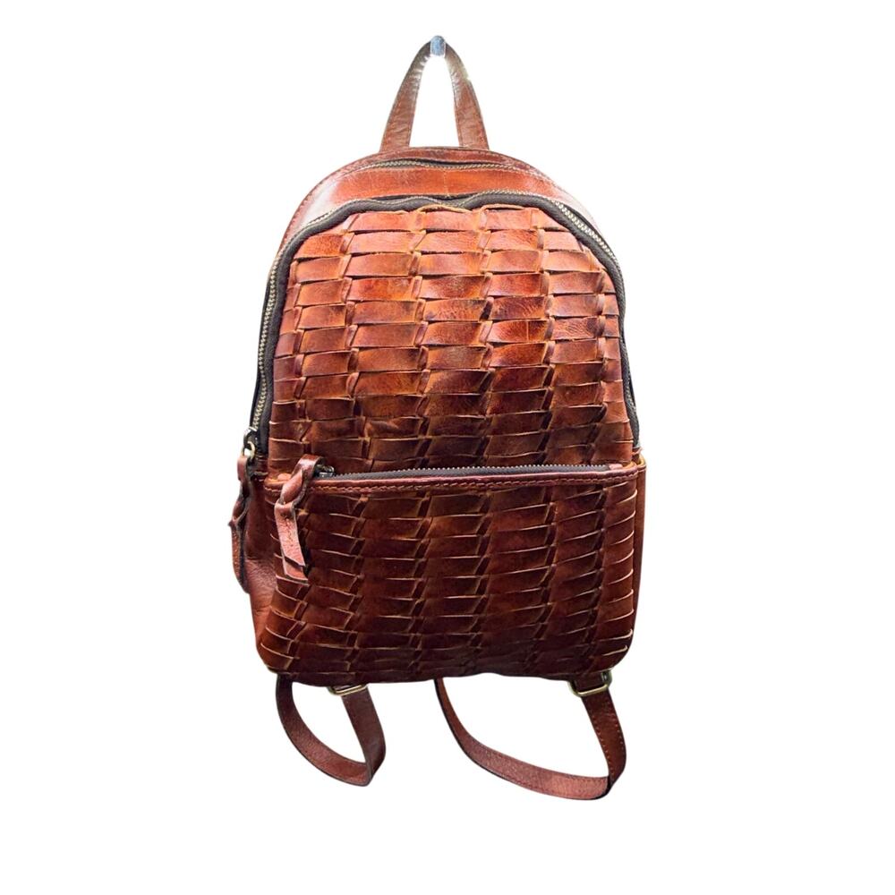 Patricia Nash Woven Leather Backpack Brown Cognac Boho Artisan Travel Bag